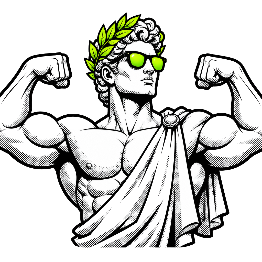 Illustrated marble Greek god mascot with a sharp jawline, laurel crown and lime sunglasses, flexing